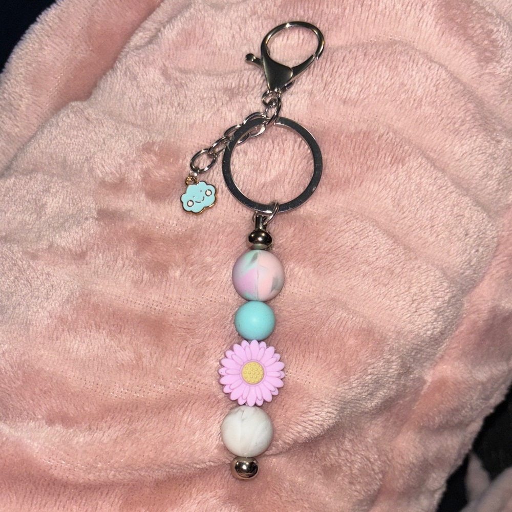 Pastel Beaded Keychain with Flower Charm Handmade